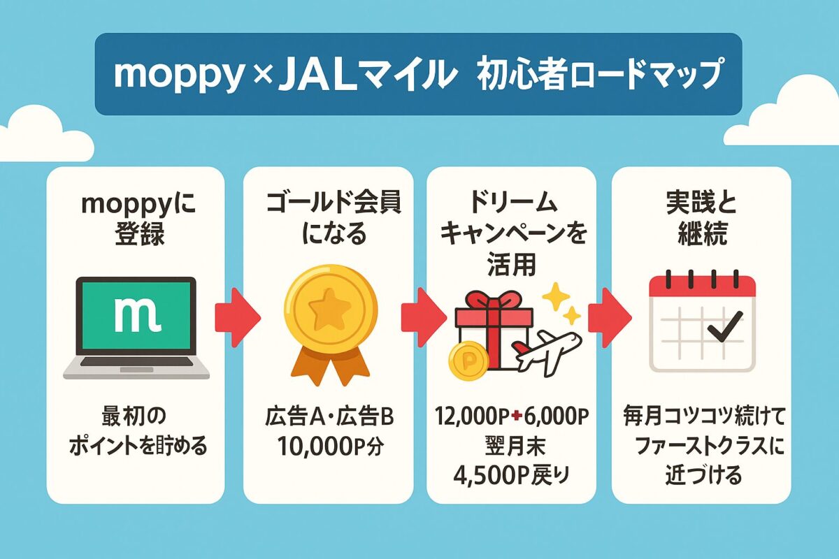 moppy×JALマイル 初心者ロードマップ(登録→ゴールド会員→ドリームCP→継続)