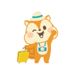 モッピー君が旅行カバンとカメラをもって旅行へ